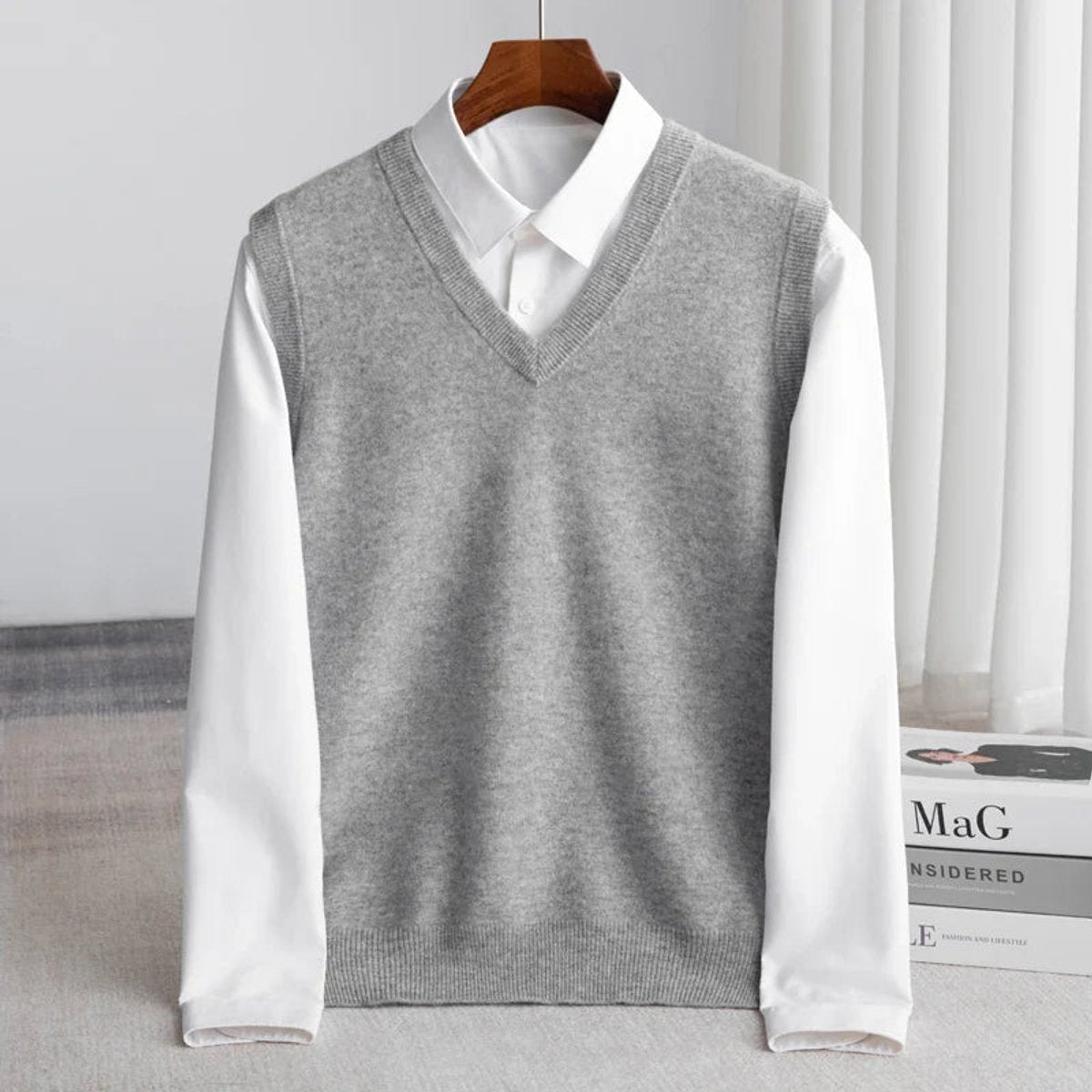 Men's Merino Wool V-Neckline Sweater Vest Knit with Layering – Gray