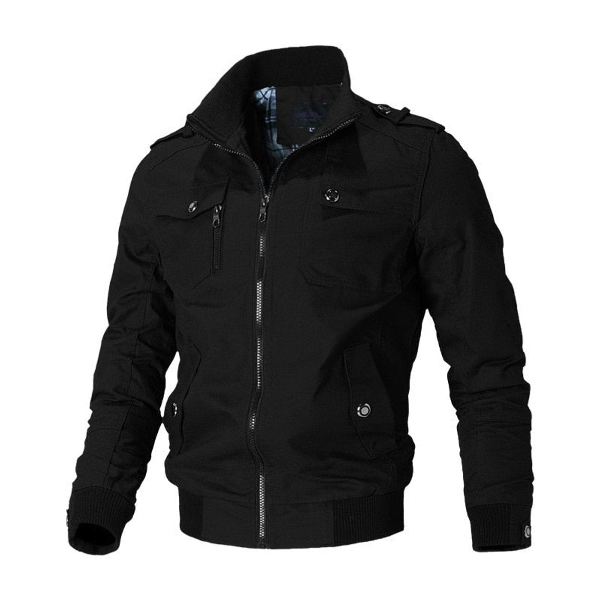 Men's Military-Style Full-Zip Bomber Jacket – Black
