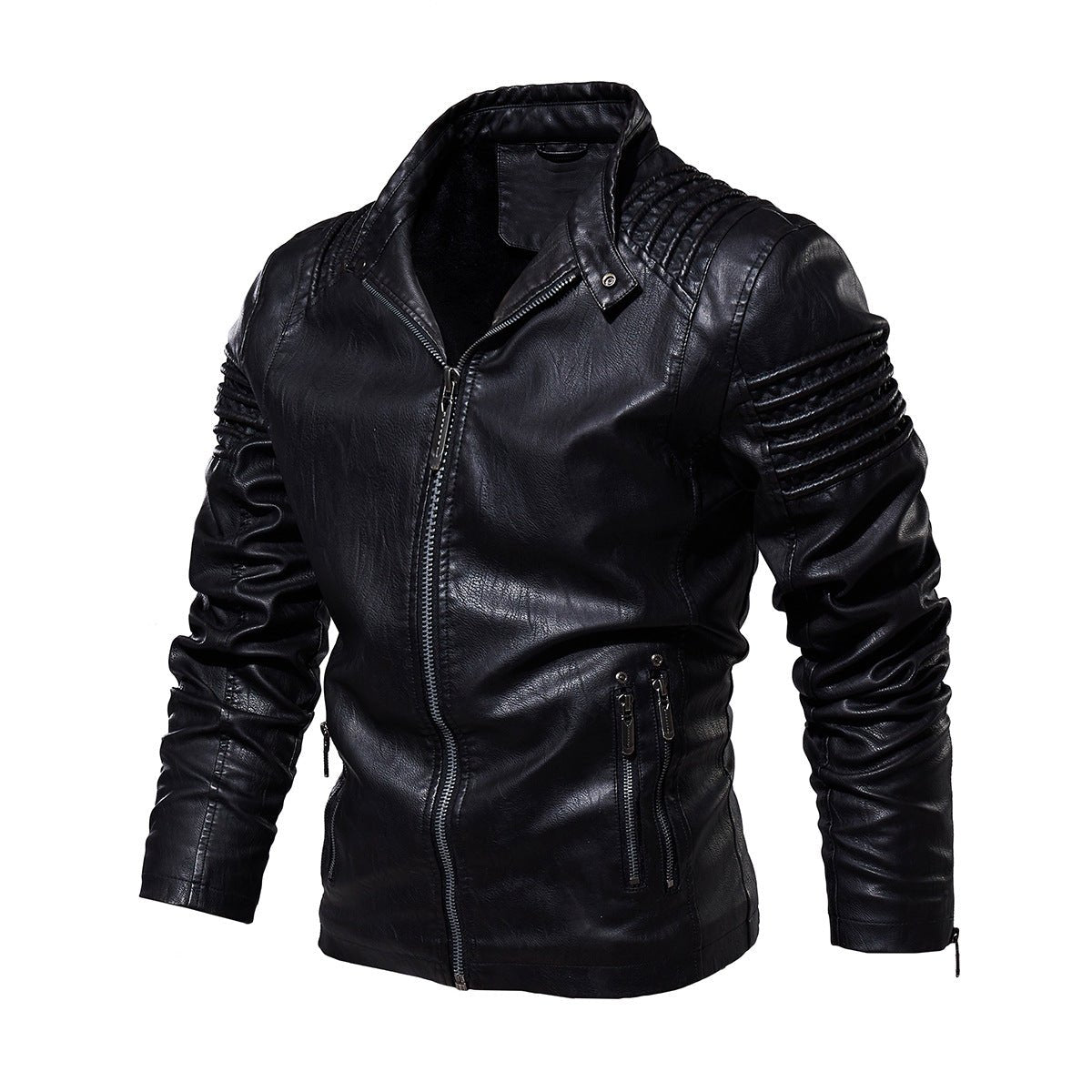 Men's Fleece-Backed Leather-Look Moto Jacket – Black