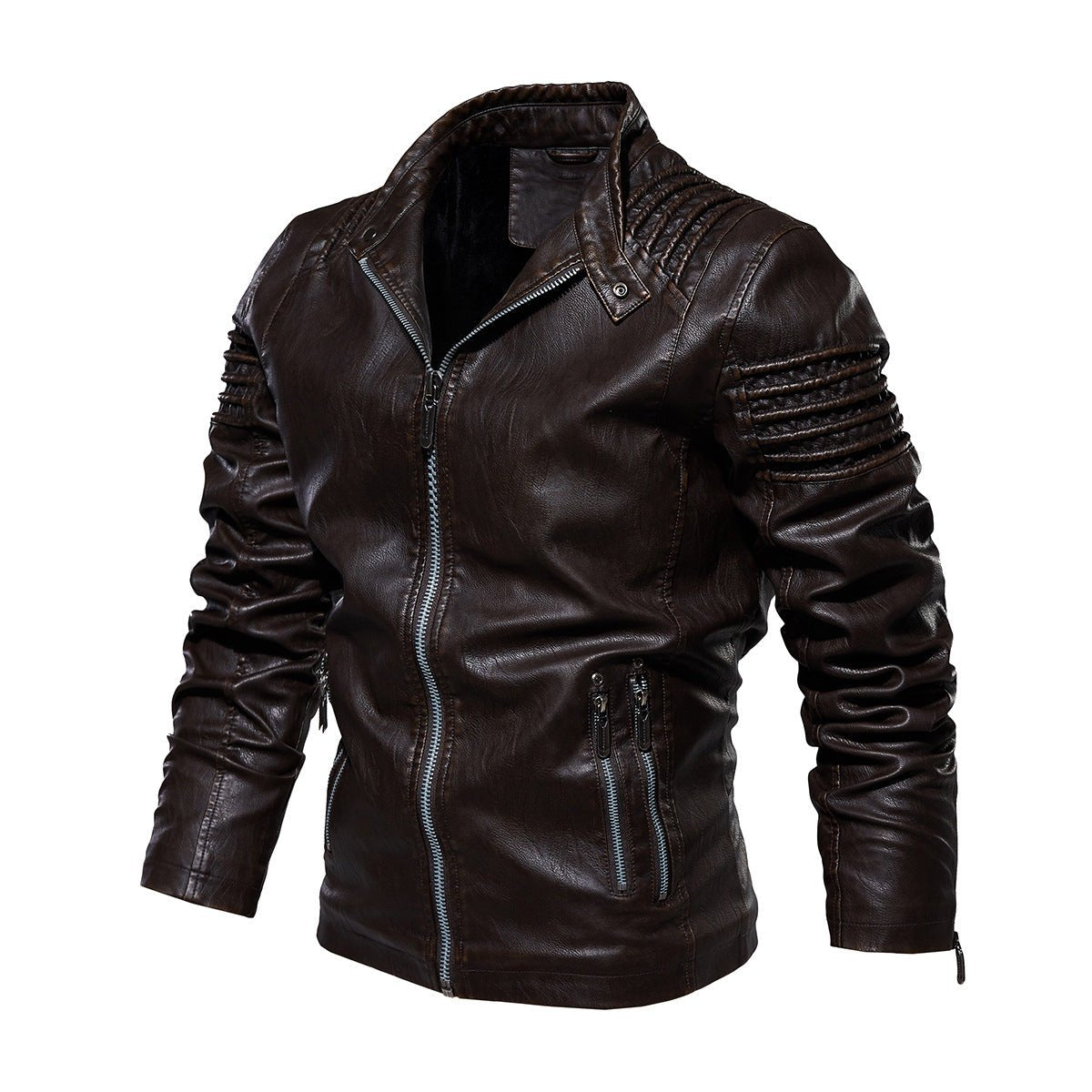 Men's Fleece-Backed Leather-Look Moto Jacket – Brown