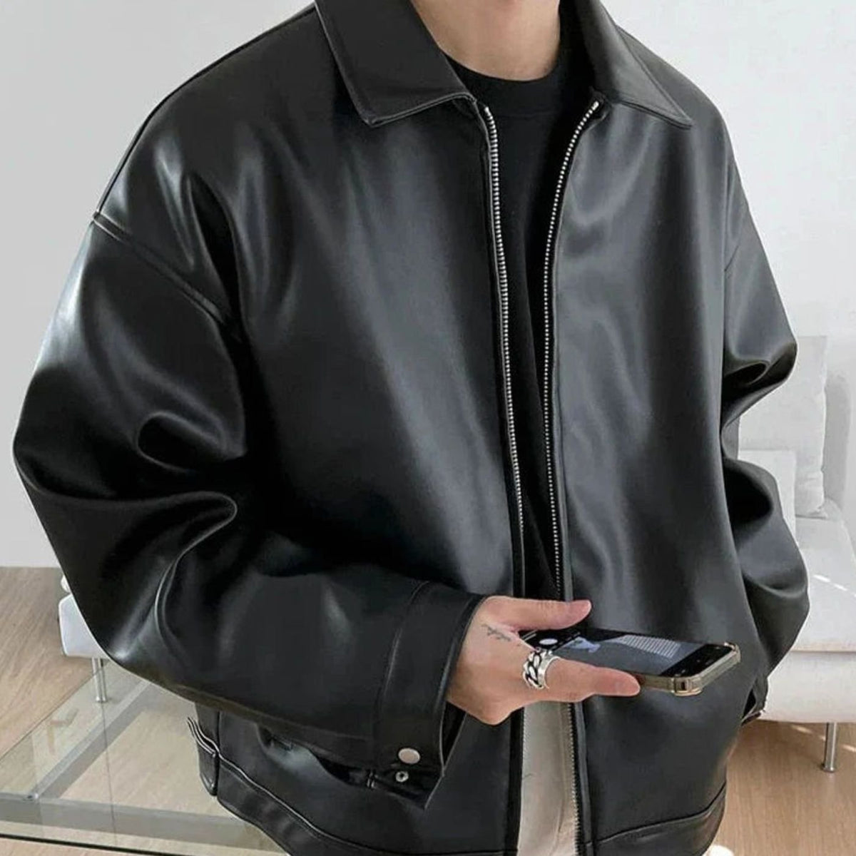 Men's Relaxed-Fit Leather-Look Bomber Jacket – view 3