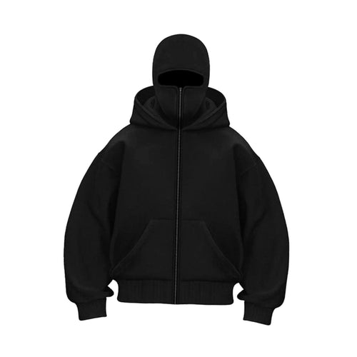 Men's Loose-Fit Zip-Front Balaclava Hoodie Jacket – Black