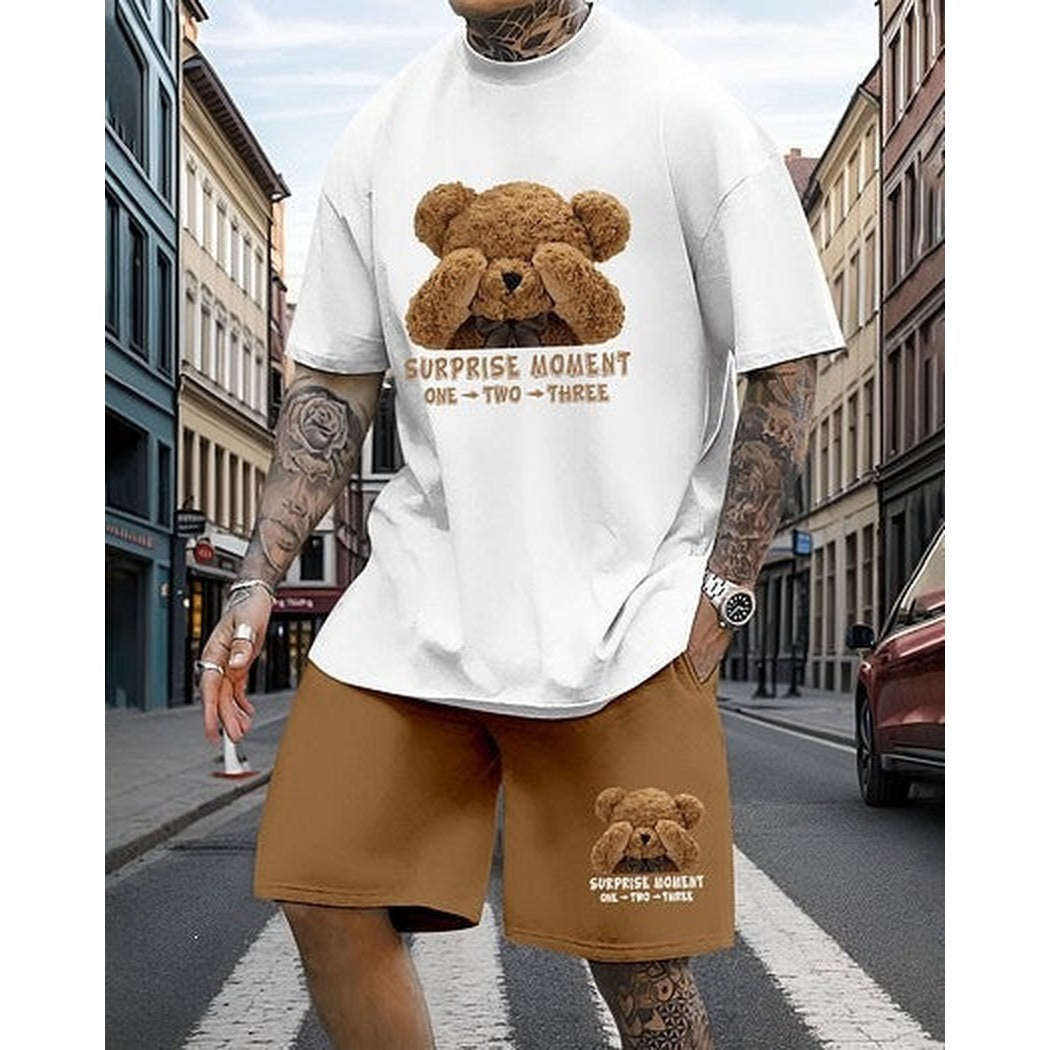 Men's Print-Detail Loose-Fit T-Shirt and Relaxed-Fit Shorts Set – White/Brown