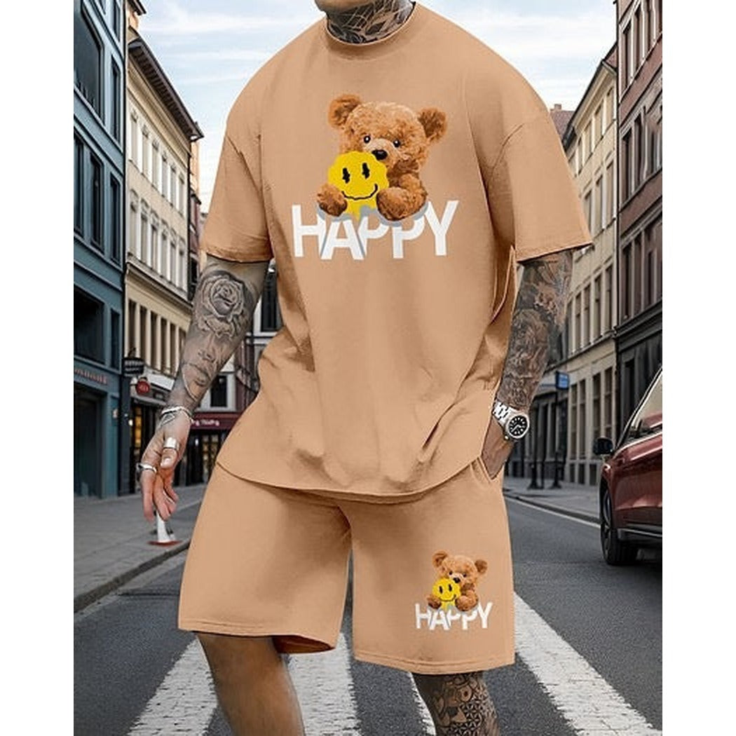 Men's Print-Detail Loose-Fit T-Shirt and Relaxed-Fit Shorts Set – Khaki