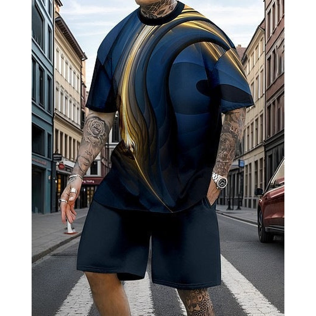 Men's Print-Detail Loose-Fit T-Shirt and Relaxed-Fit Shorts Set – Navy Blue