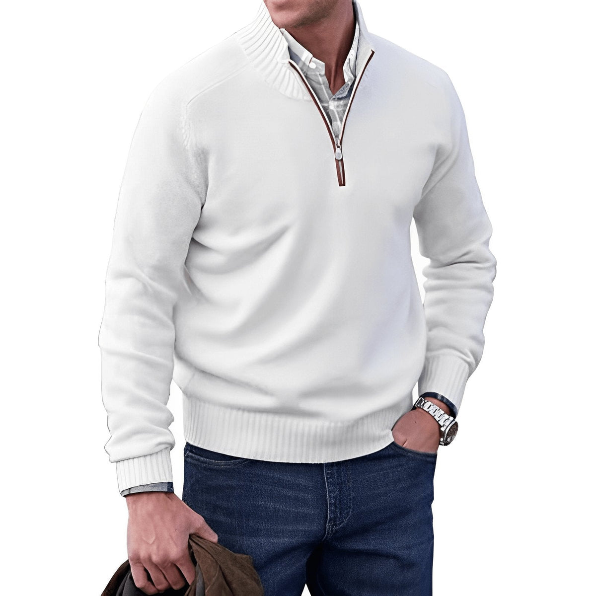 Men's Regular-Fit Quarter-Zip Raglan Knit Pullover for Weekends – White
