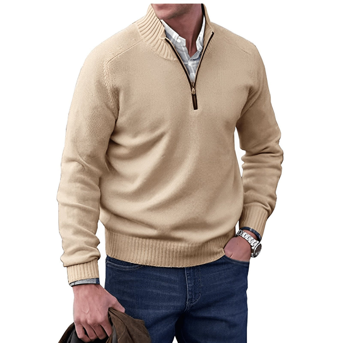 Men's Regular-Fit Quarter-Zip Raglan Knit Pullover for Weekends – Brown