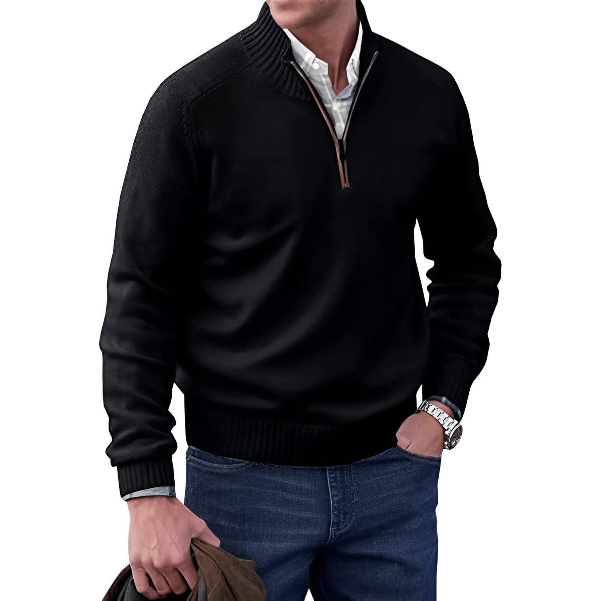 Men's Regular-Fit Quarter-Zip Raglan Knit Pullover for Weekends – Black