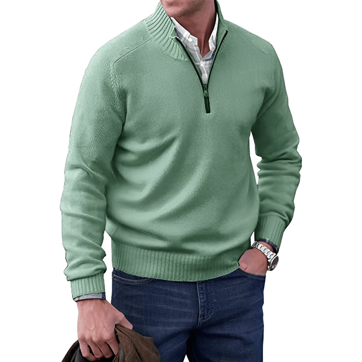 Men's Regular-Fit Quarter-Zip Raglan Knit Pullover for Weekends – Green