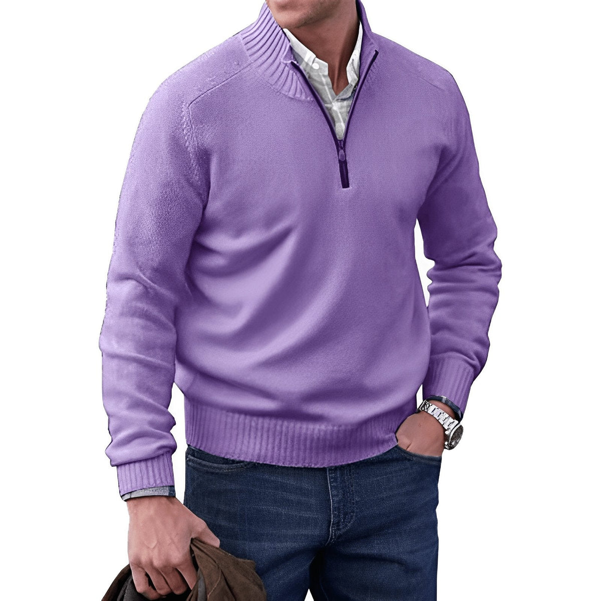 Men's Regular-Fit Quarter-Zip Raglan Knit Pullover for Weekends – Purple