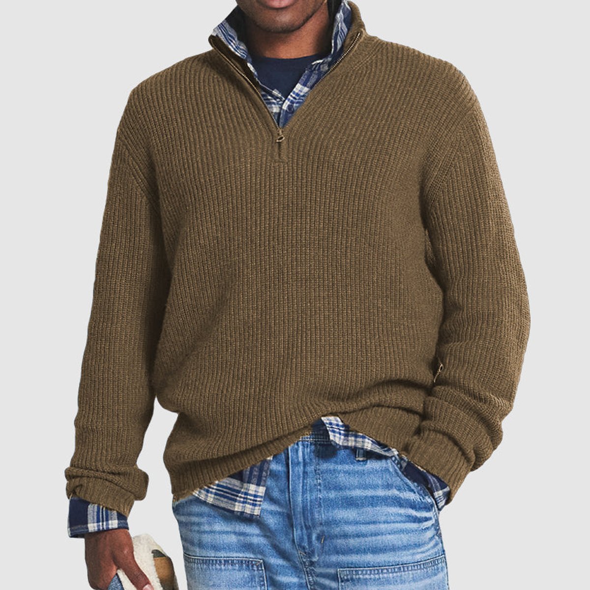 Men's Business Everyday Quarter-Zip Rib-Knit Pullover – Brown