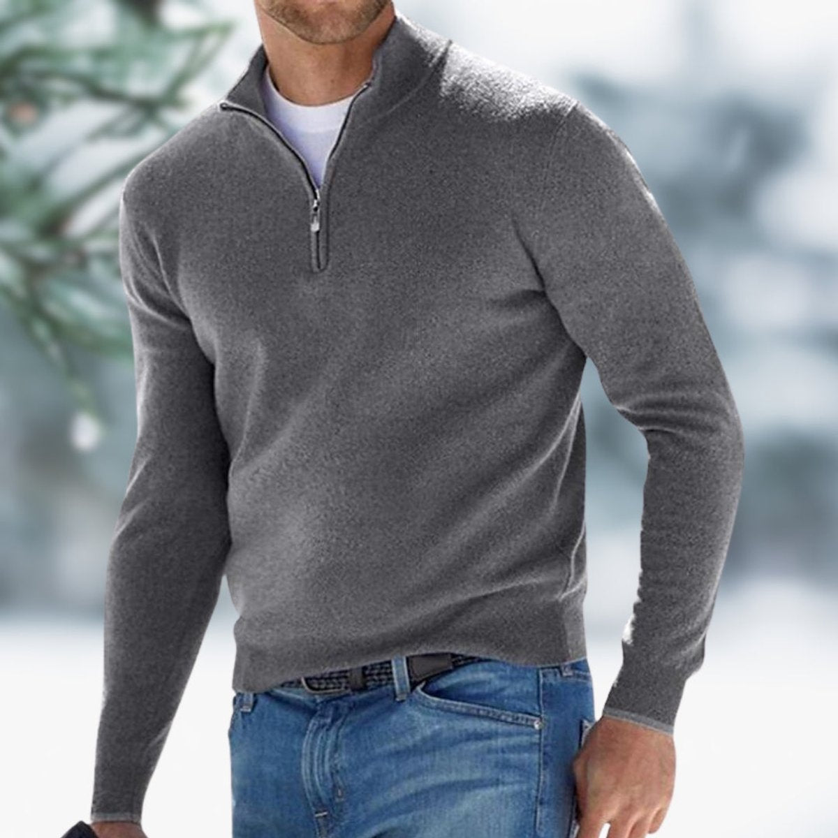 Men's Quarter-Zip Plush Knit Sweater – Gray