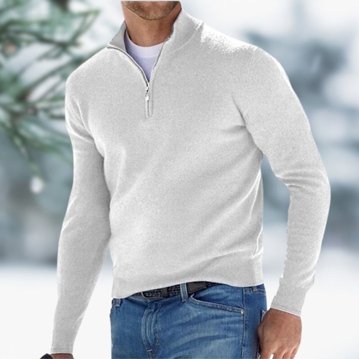 Men's Quarter-Zip Plush Knit Sweater – White