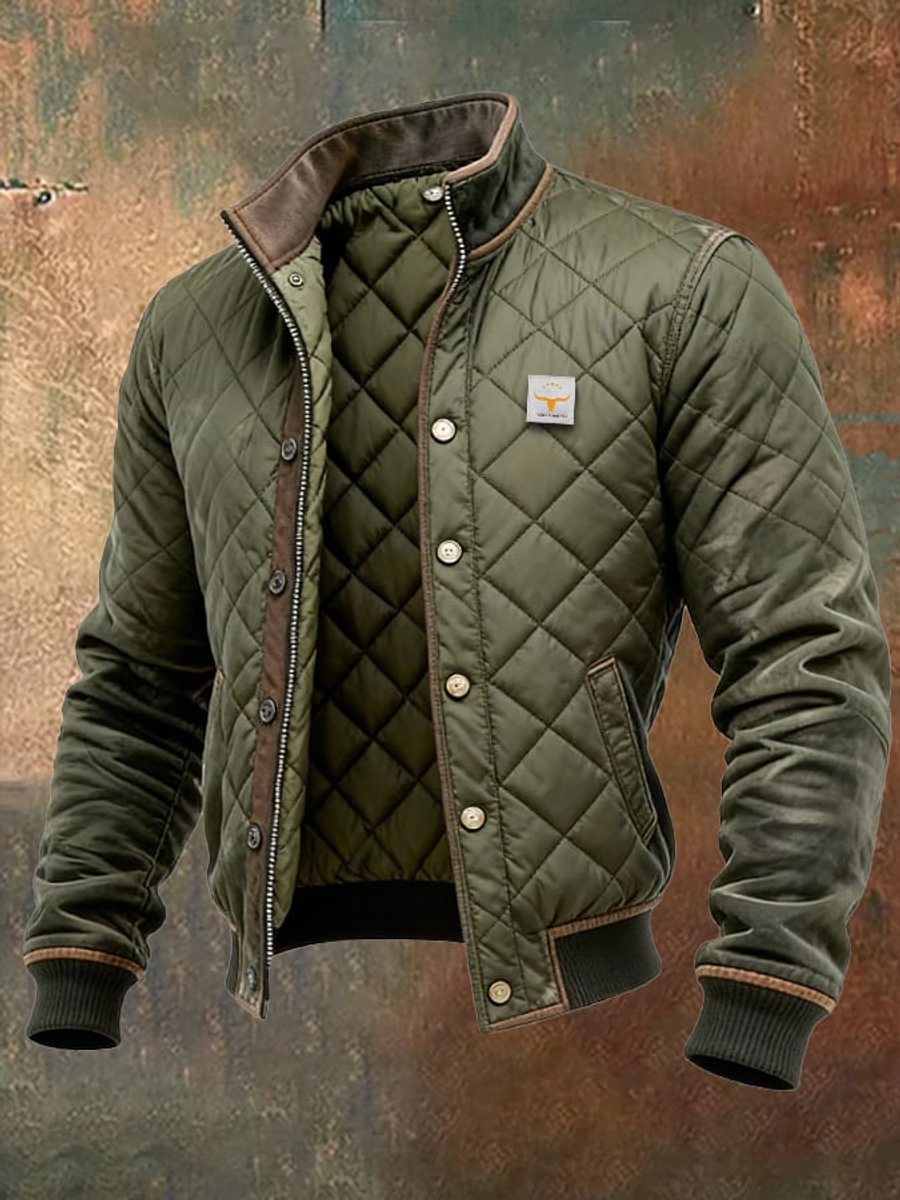 Men's Padded Jacket Stand Collar Snap Bomber with Button – Green