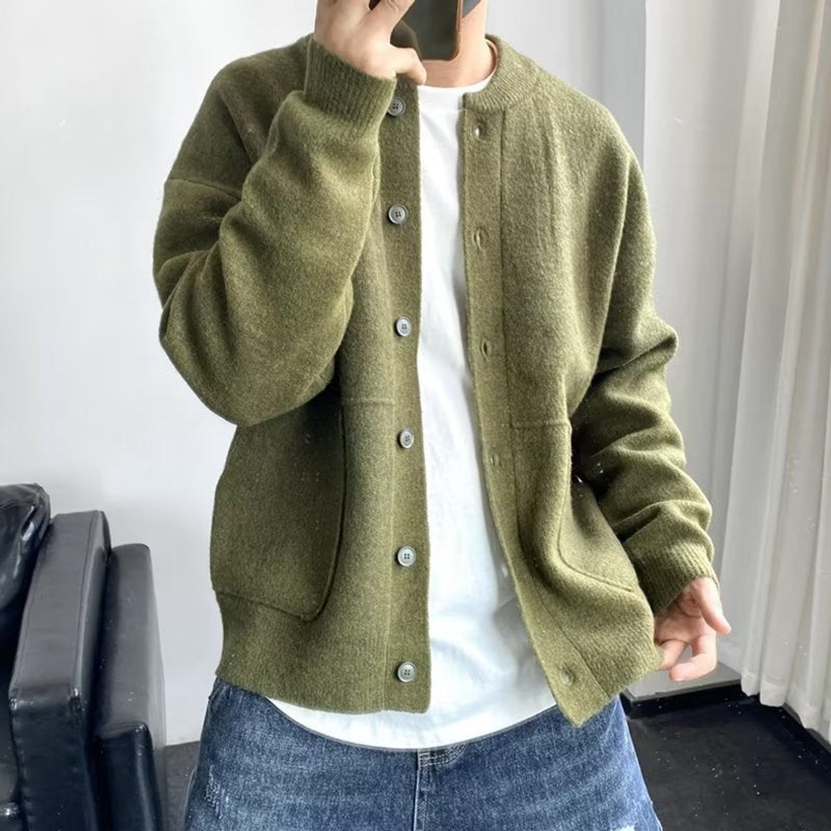 Men's Loose-Fit Button-Up Knit Cardigan Pullover – Green