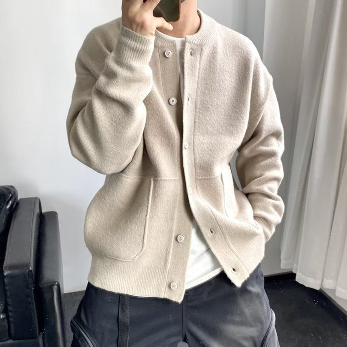 Men's Loose-Fit Button-Up Knit Cardigan Pullover – Beige