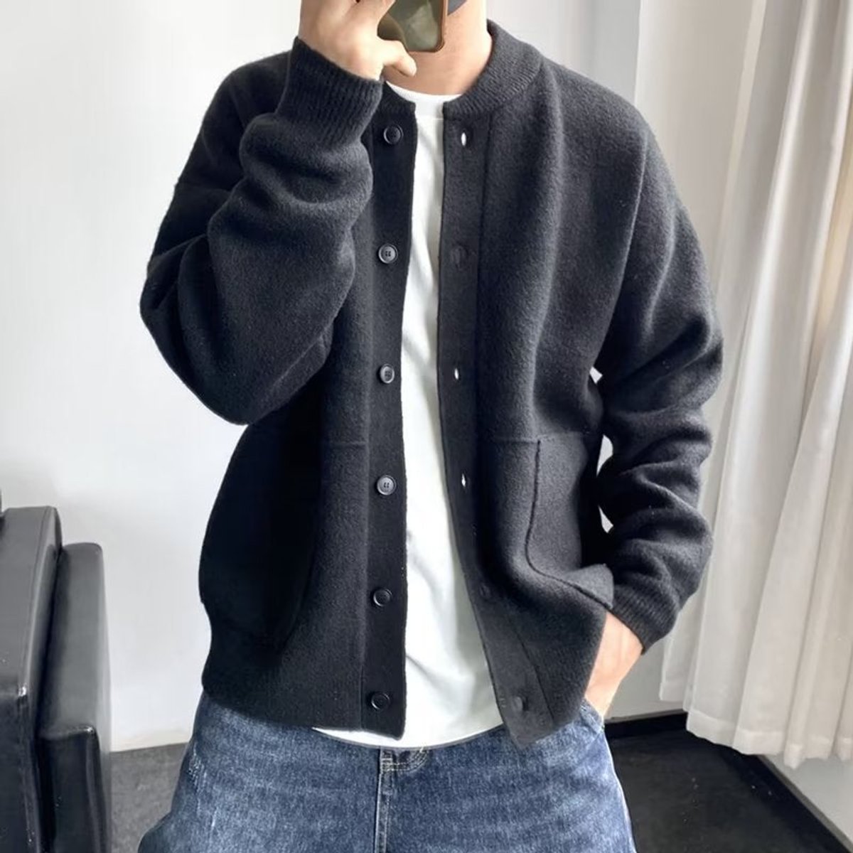 Men's Loose-Fit Button-Up Knit Cardigan Pullover – Black