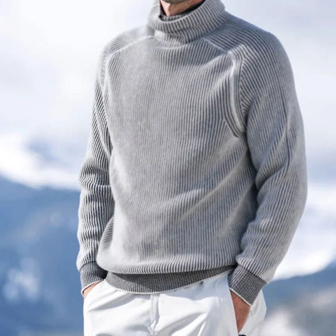 Men's Relaxed-Fit Rib-Knit Roll-Neck Knit Pullover – Gray