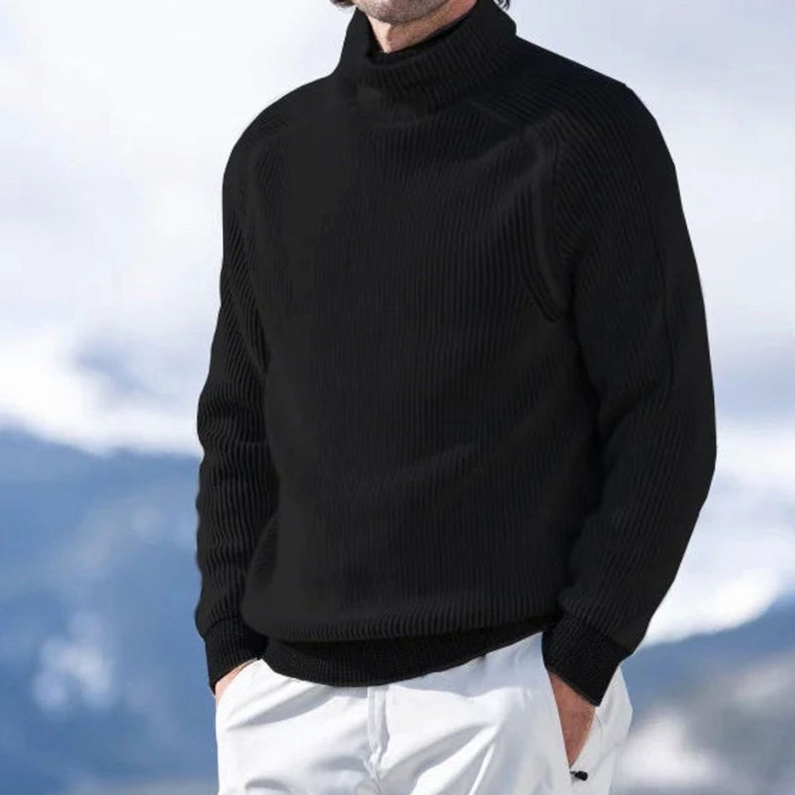 Men's Relaxed-Fit Rib-Knit Roll-Neck Knit Pullover – Black