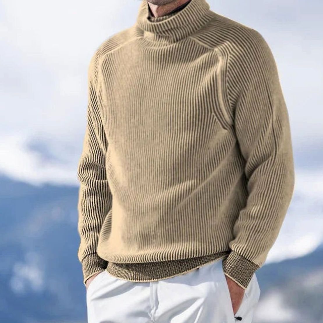 Men's Relaxed-Fit Rib-Knit Roll-Neck Knit Pullover – Khaki