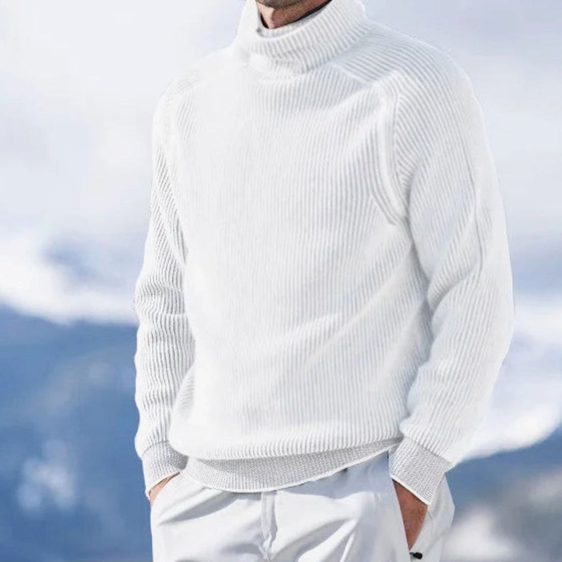 Men's Relaxed-Fit Rib-Knit Roll-Neck Knit Pullover – White