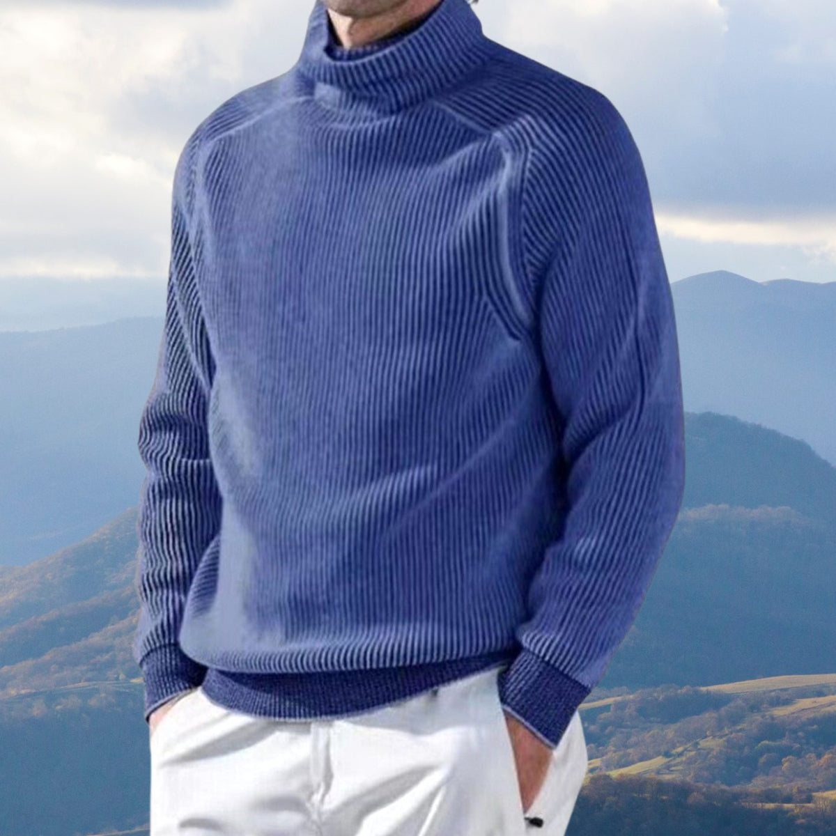 Men's Relaxed-Fit Rib-Knit Roll-Neck Knit Pullover – Blue