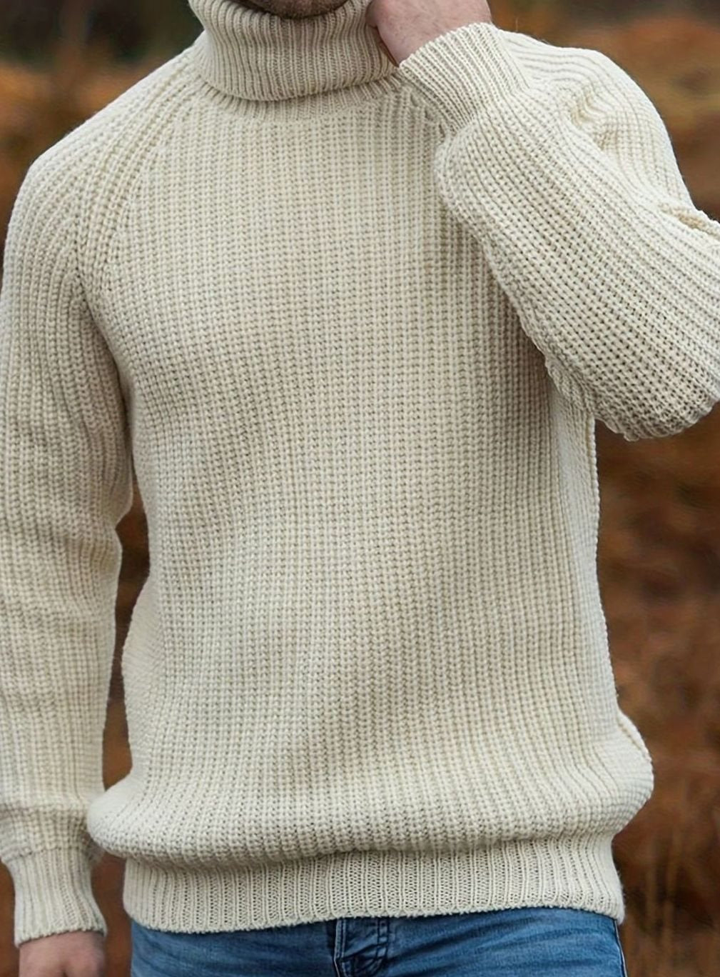 Men's Rib-Knit Roll-Neck Pullover – Beige