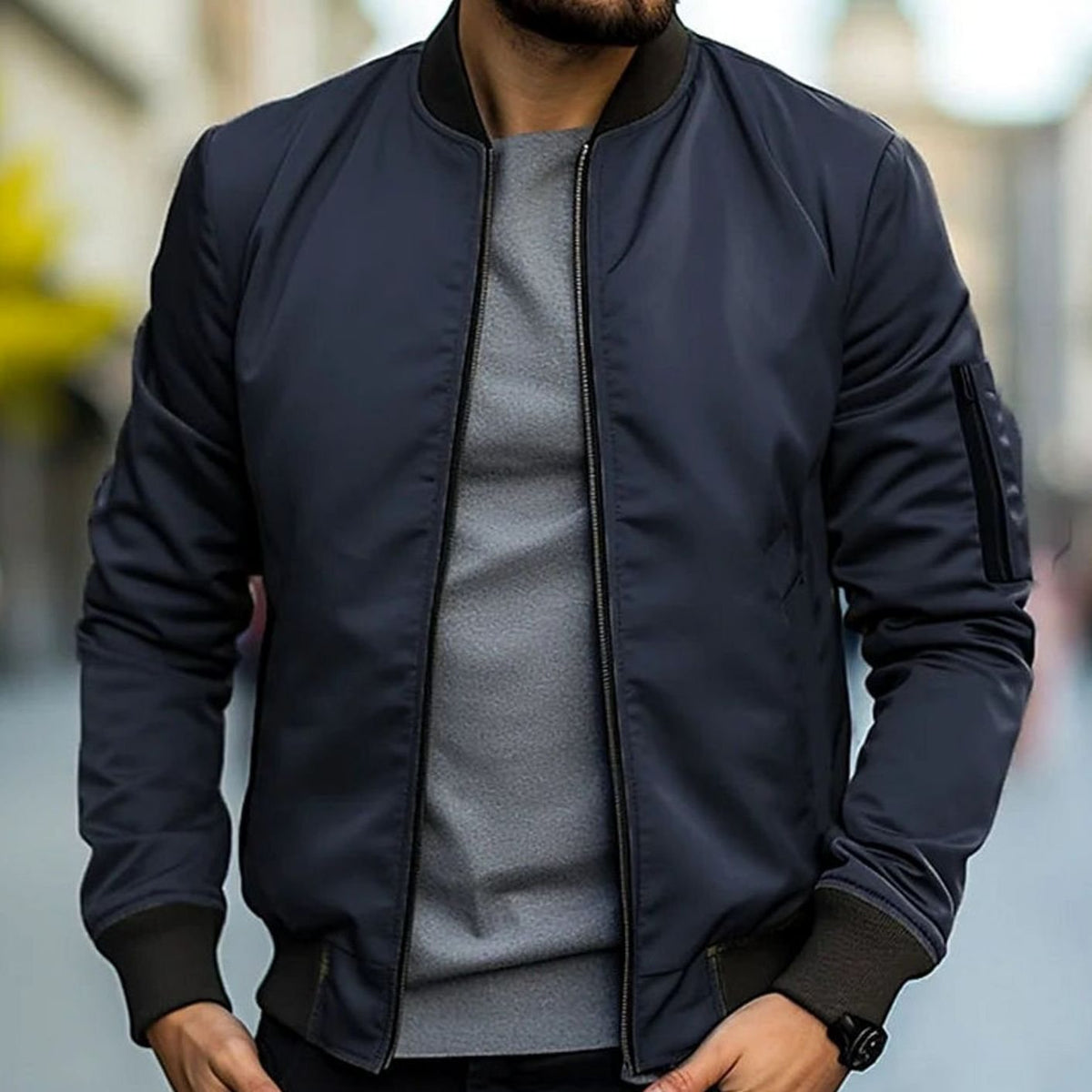Men's Everyday Ribbed-Trim Bomber Jacket – Dark Blue