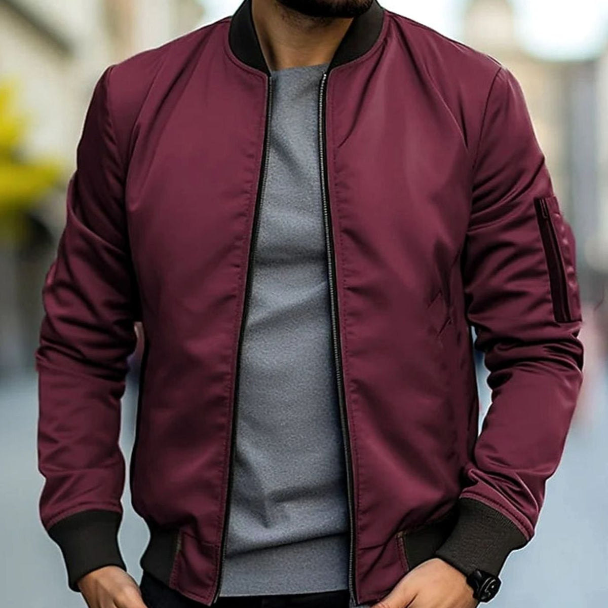 Men's Everyday Ribbed-Trim Bomber Jacket – Red