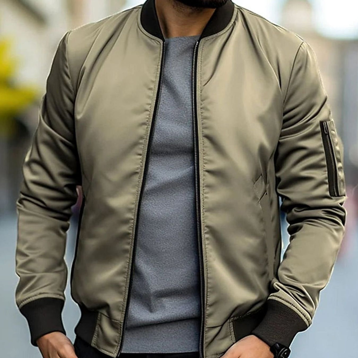 Men's Everyday Ribbed-Trim Bomber Jacket – Khaki