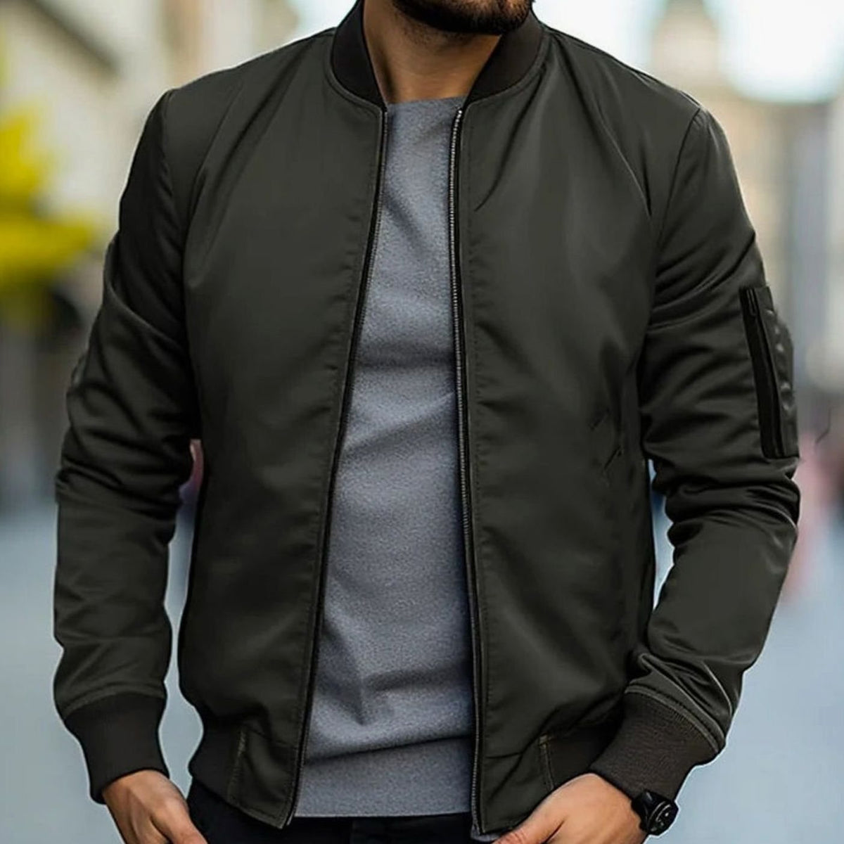 Men's Everyday Ribbed-Trim Bomber Jacket – Olive Green