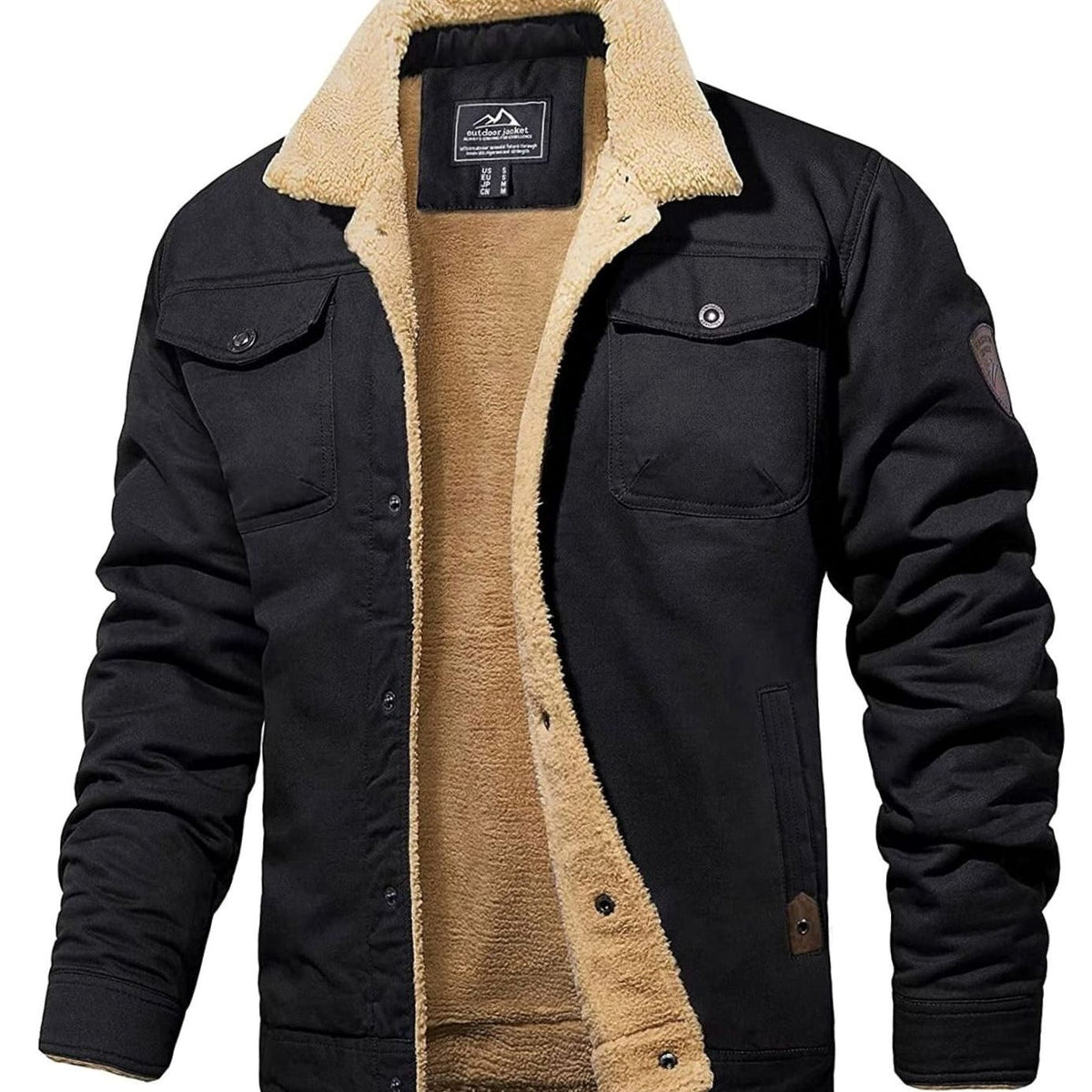 Men's Sherpa-Backed Fleece Snap-Front Cold-Weather Jacket – Black