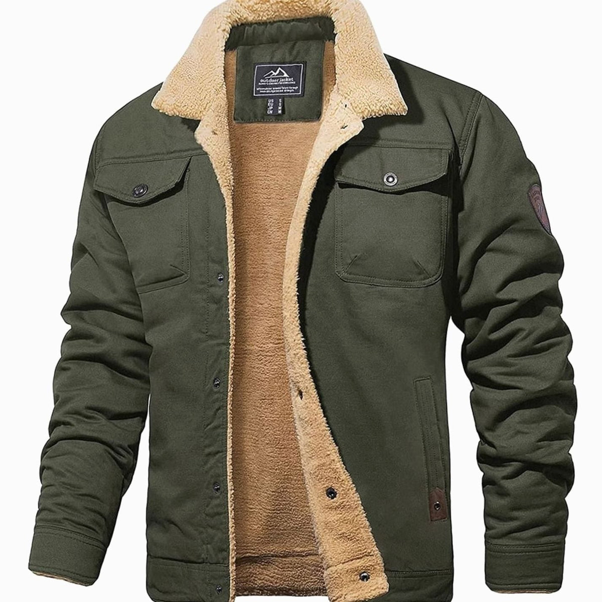 Men's Sherpa-Backed Fleece Snap-Front Cold-Weather Jacket – Army Green