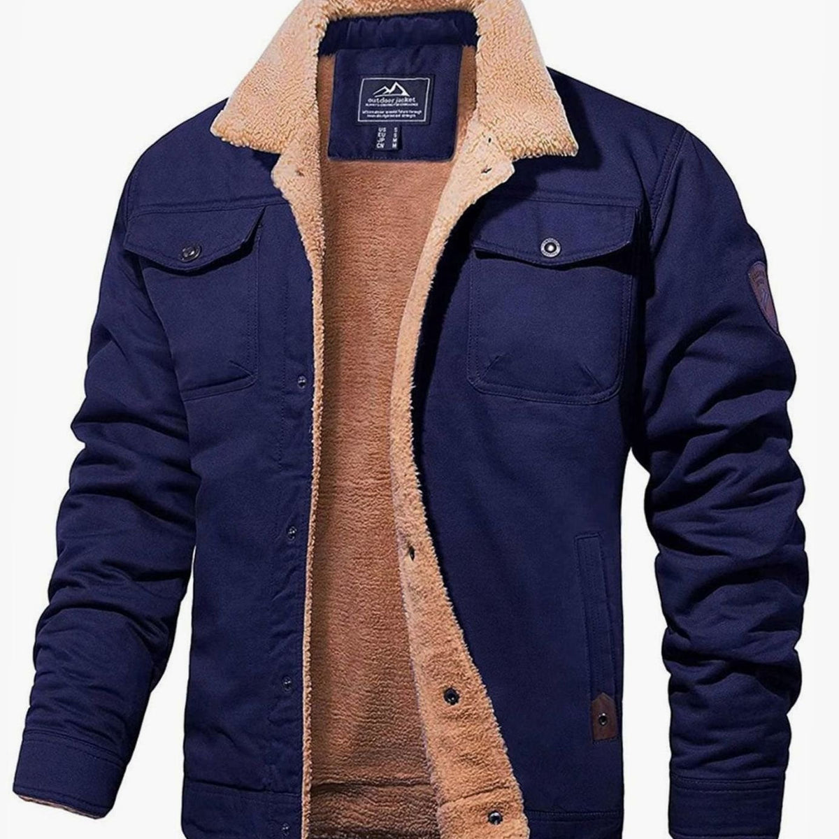 Men's Sherpa-Backed Fleece Snap-Front Cold-Weather Jacket – Navy Blue