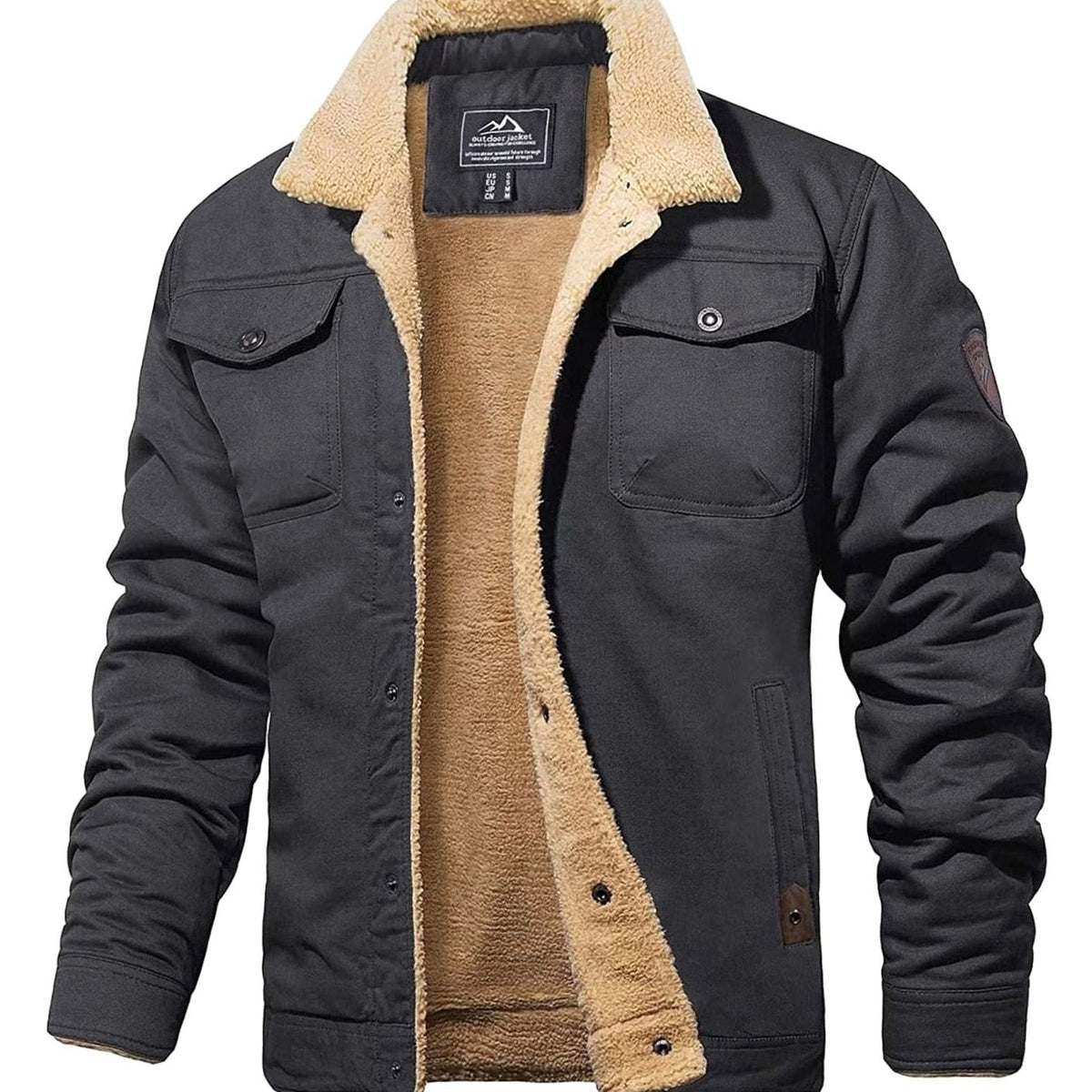 Men's Sherpa-Backed Fleece Snap-Front Cold-Weather Jacket – Dark Gray