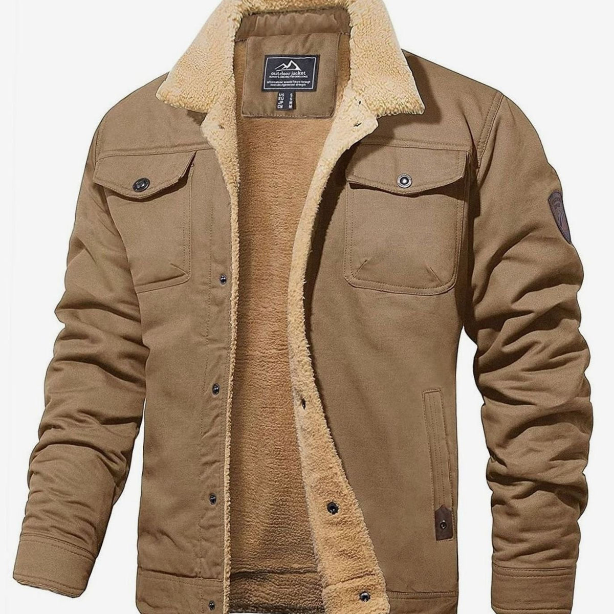 Men's Sherpa-Backed Fleece Snap-Front Cold-Weather Jacket – Khaki