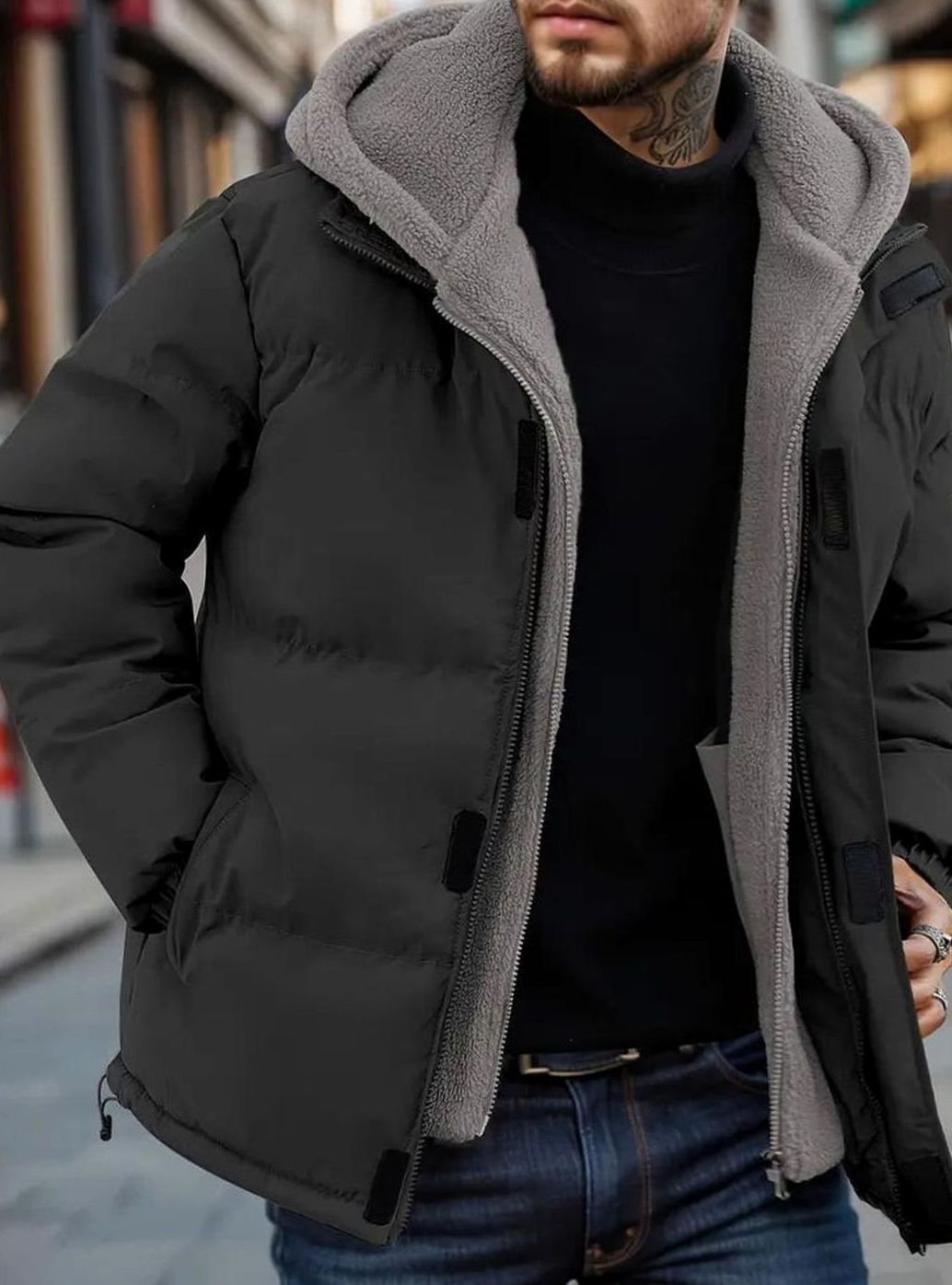 Men's Sherpa-Backed Hood-Detail Puffer Jacket – Black