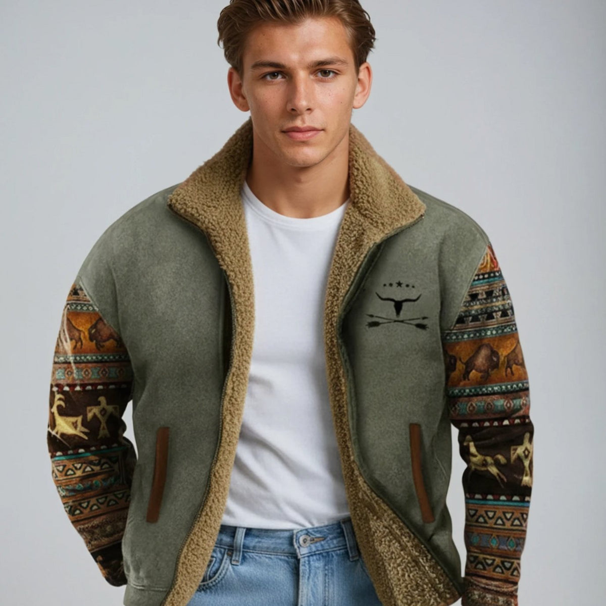 Men's Sherpa-Backed Print-Sleeve Full-Zip Cold-Weather Coat – Olive