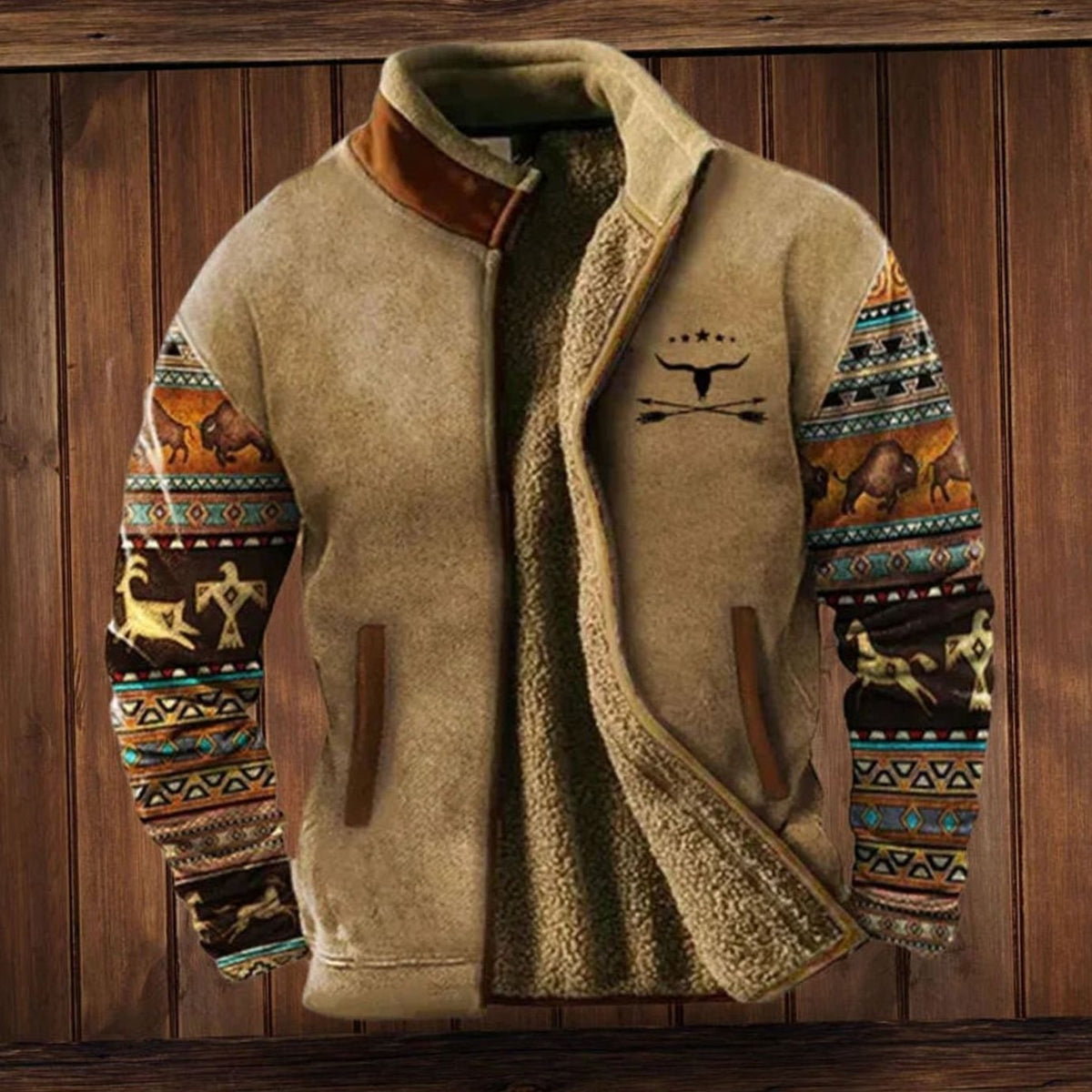 Men's Sherpa-Backed Print-Sleeve Full-Zip Cold-Weather Coat – Tan