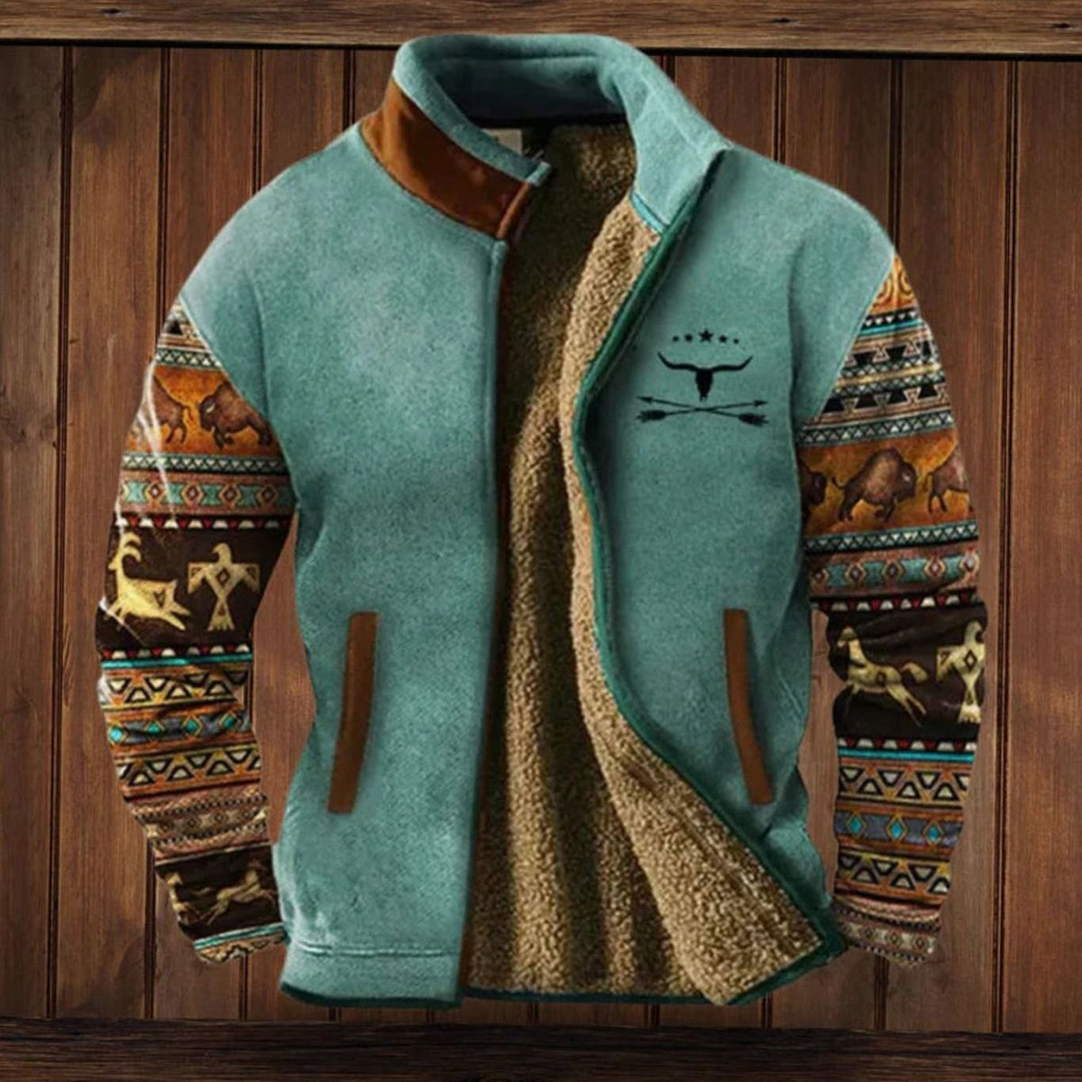 Men's Sherpa-Backed Print-Sleeve Full-Zip Cold-Weather Coat – Turquoise