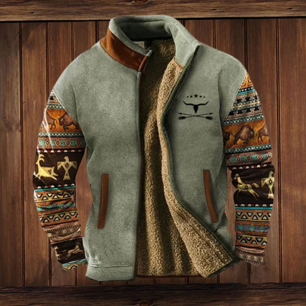 Men's Sherpa-Backed Print-Sleeve Full-Zip Cold-Weather Coat – Sage