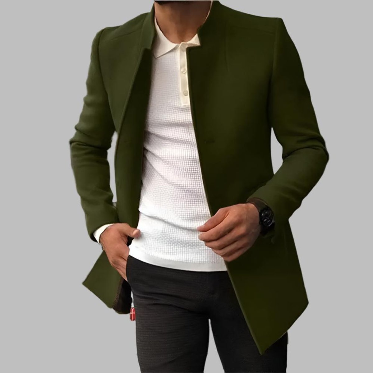 Men's No-Collar Wool Coat – Green