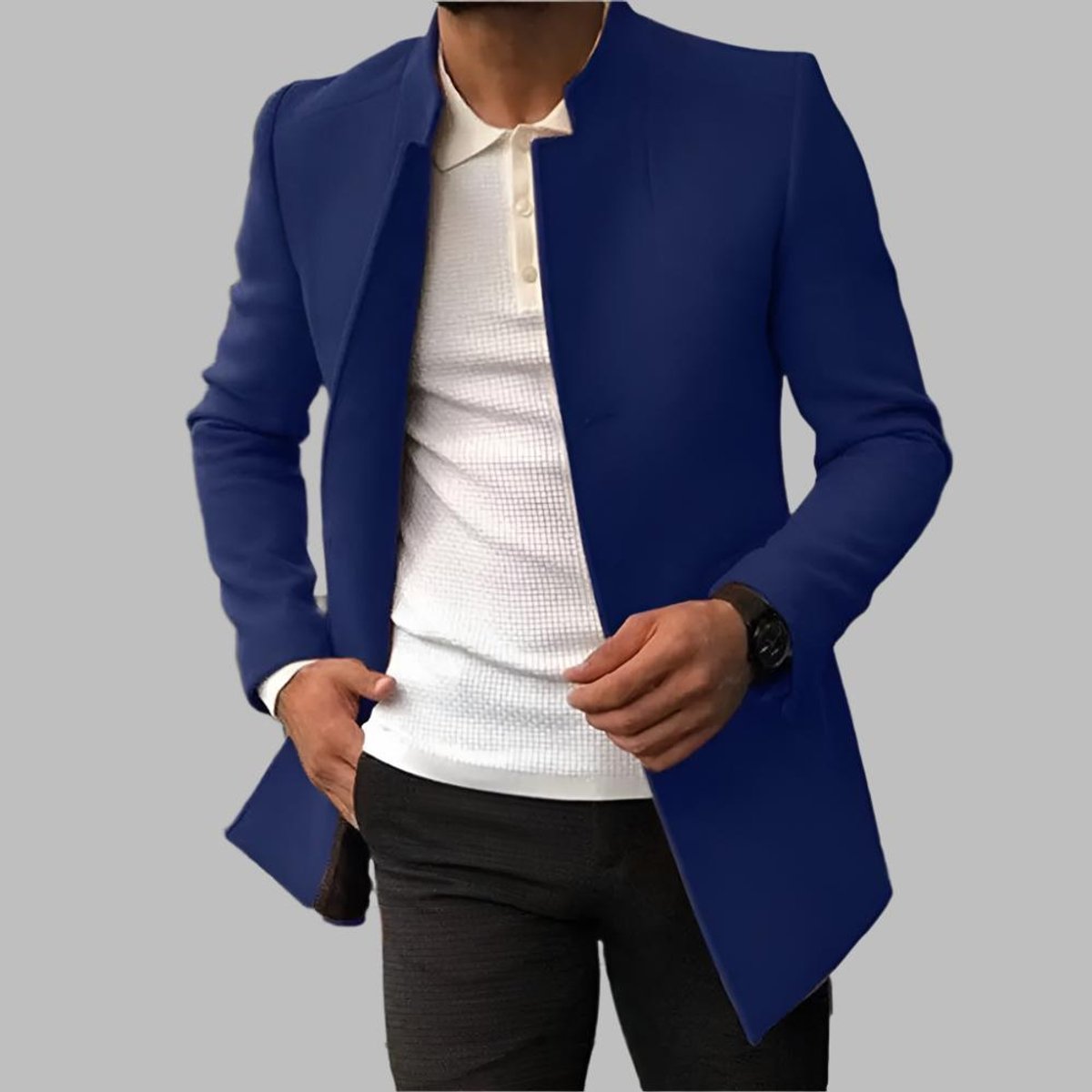 Men's No-Collar Wool Coat – Blue