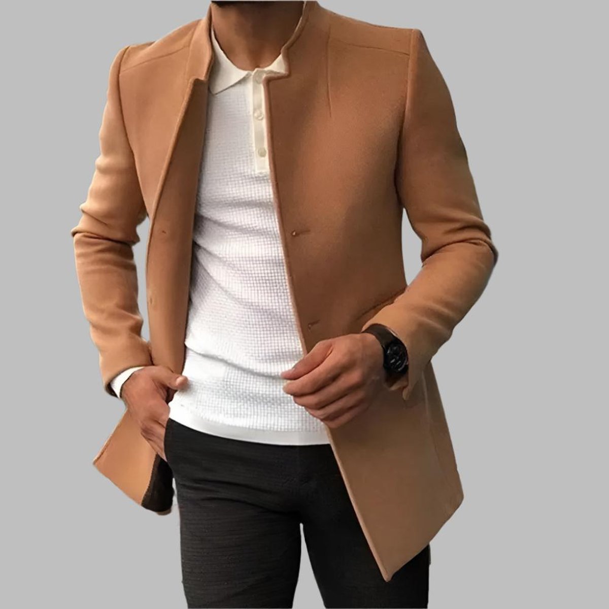 Men's No-Collar Wool Coat – Camel