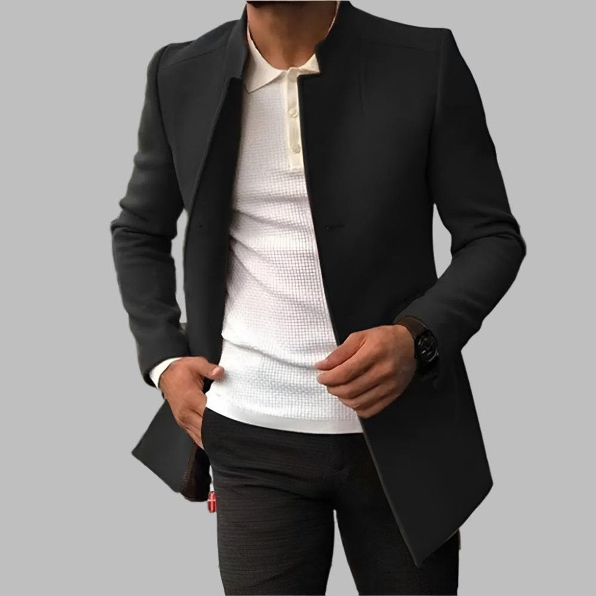 Men's No-Collar Wool Coat – Black
