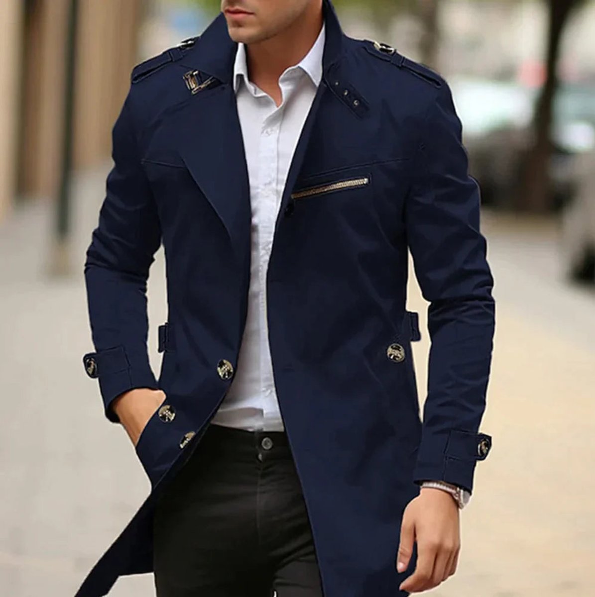 Men's Slim-Cut Double-Breast Wool Coat – Dark Navy
