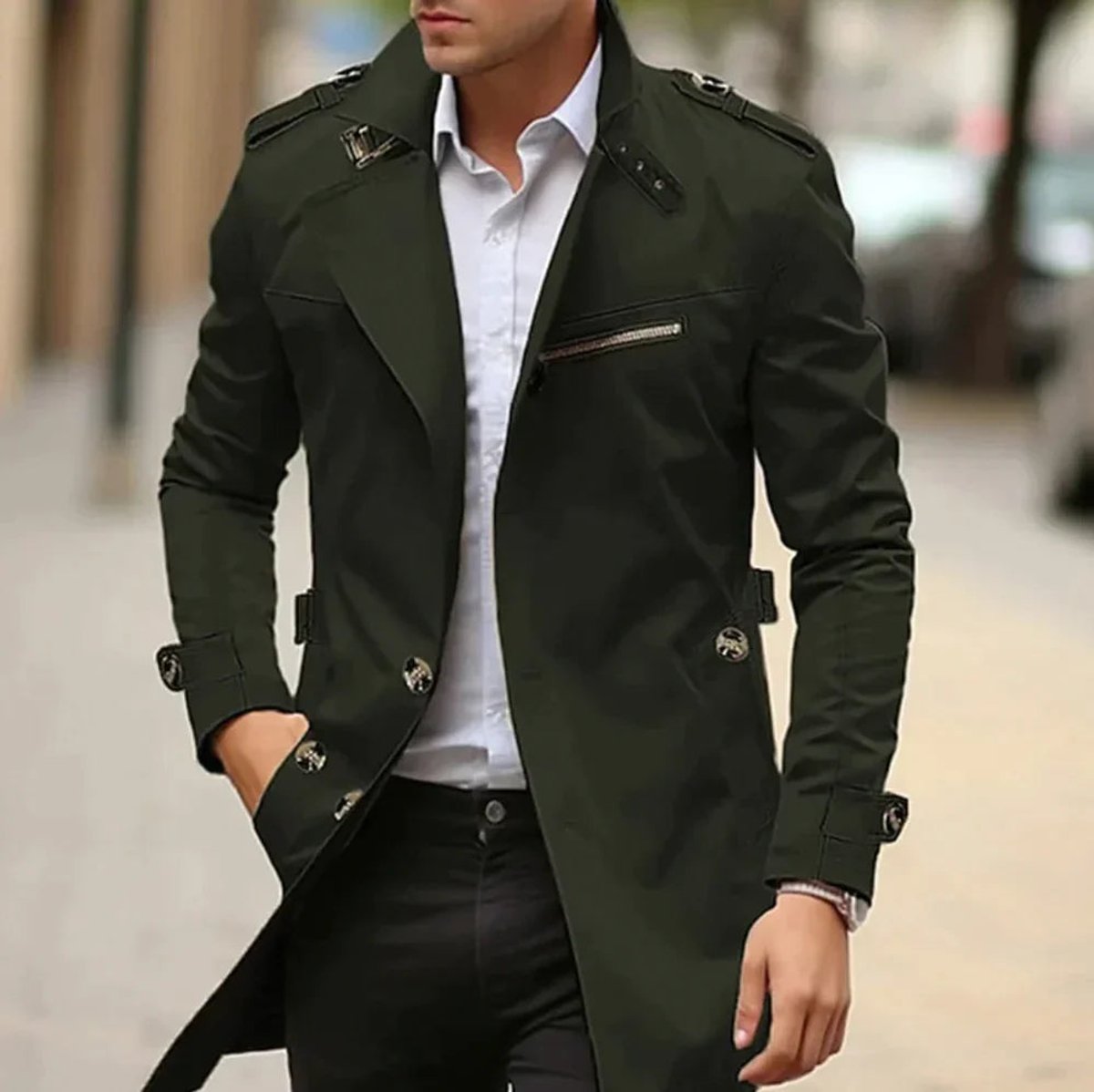 Men's Slim-Cut Double-Breast Wool Coat – Green
