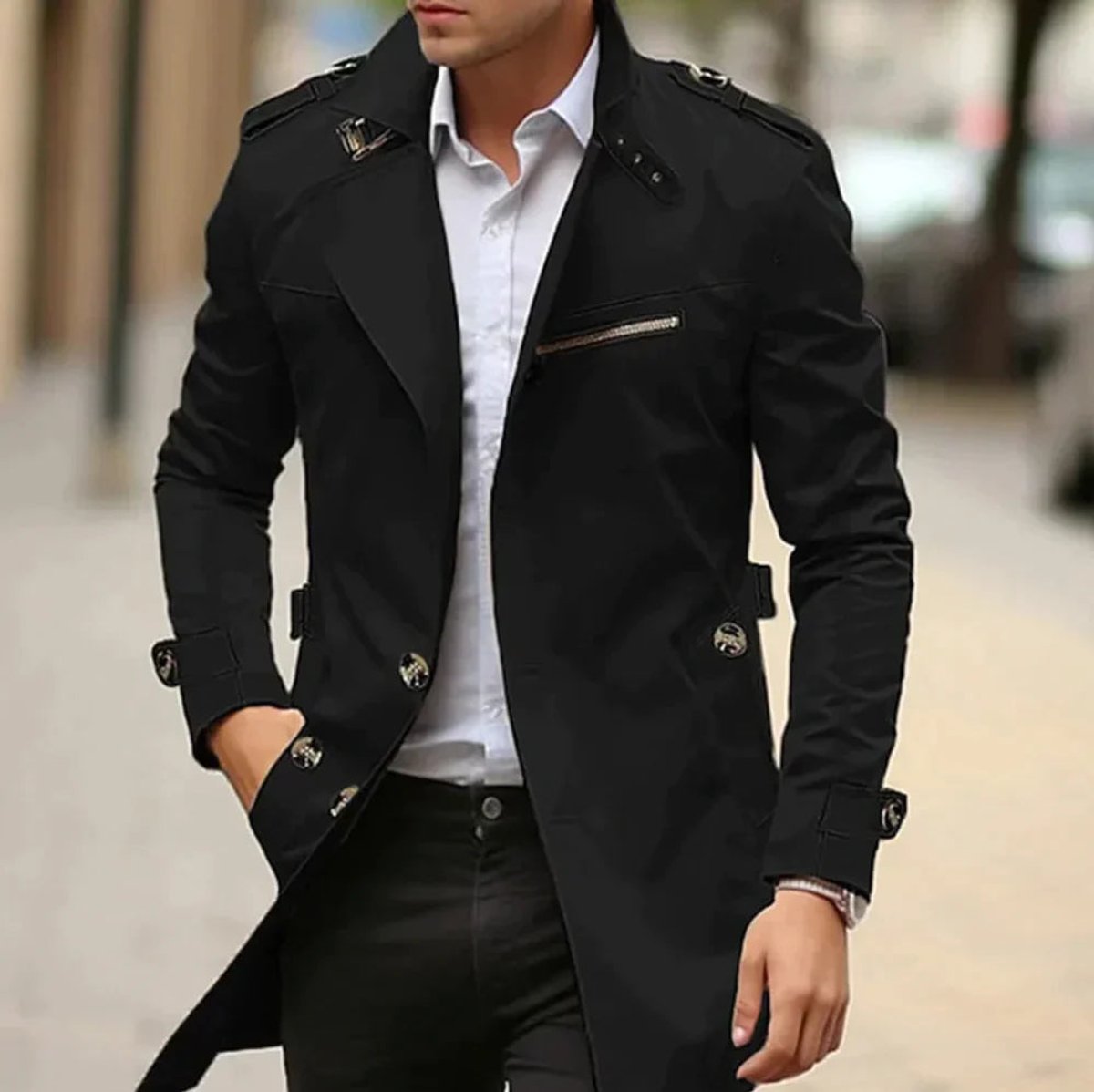 Men's Slim-Cut Double-Breast Wool Coat – Black