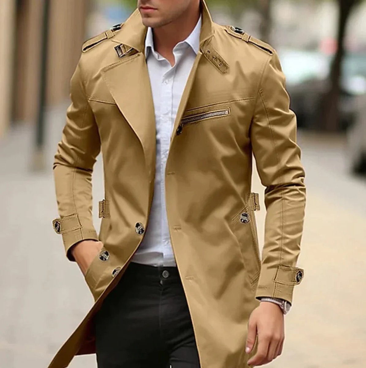 Men's Slim-Cut Double-Breast Wool Coat – Dark Beige