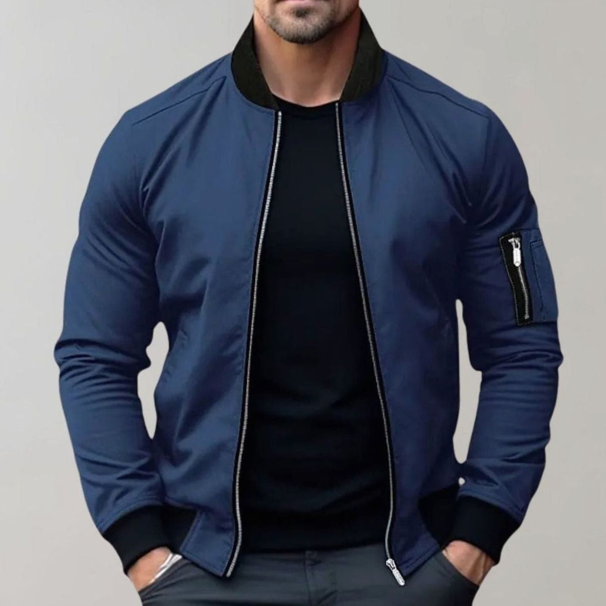 Men's Slim-Cut Ribbed-Collar Bomber Jacket – Blue